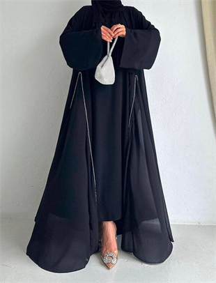  Sandi Siyah Şifon Abaya Takım
