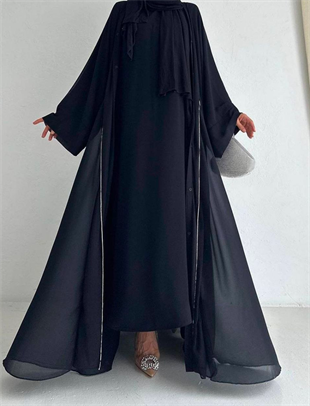  Sandi Siyah Şifon Abaya Takım