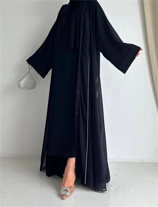  Sandi Siyah Şifon Abaya Takım