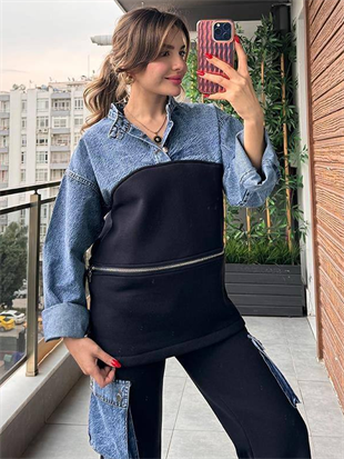 Kot Karışımlı Şardonlu Takım - Lacivert
