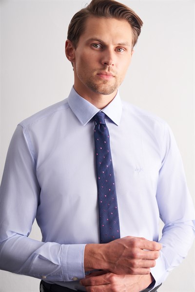 Mavi Sert Yaka Uzun Kol Filafil Slim Fit Pamuklu Gömlek 1004260008