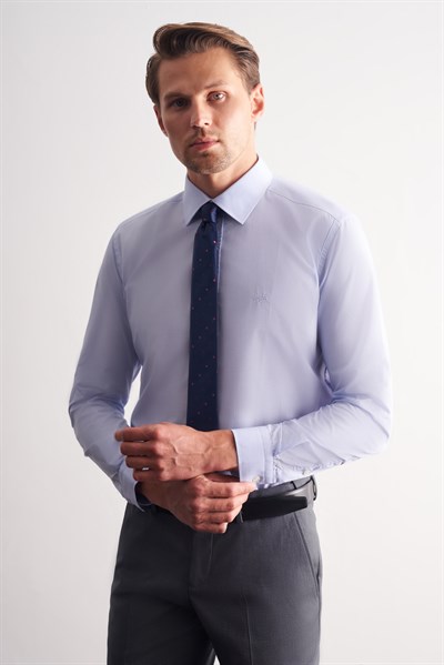 Mavi Sert Yaka Uzun Kol Filafil Slim Fit Pamuklu Gömlek 1004260008