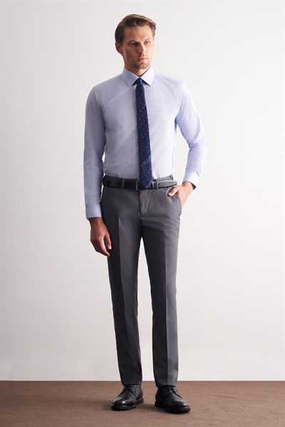 Mavi Sert Yaka Uzun Kol Filafil Slim Fit Pamuklu Gömlek 1004260008
