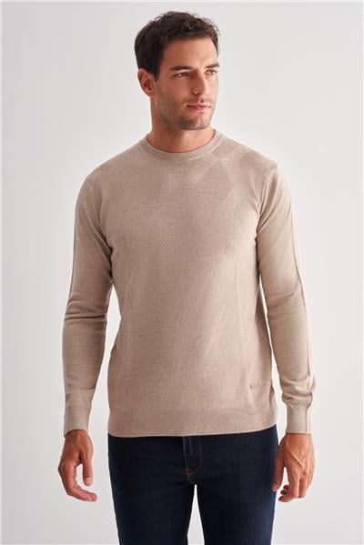 Açık Bej Bisiklet Yaka Uzun Kol Cepsiz Comfort Fit Classic Yünlü Triko Kazak 1012255207