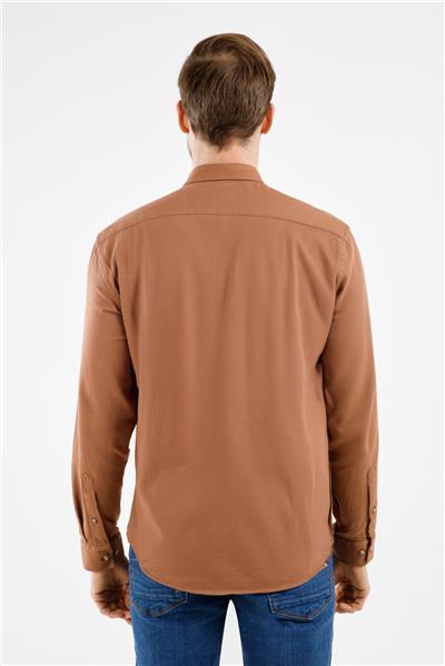 Bej Düğmeli Yaka Cepli Uzun Kol Slim Fit %100 Pamuk Gömlek 1004255213