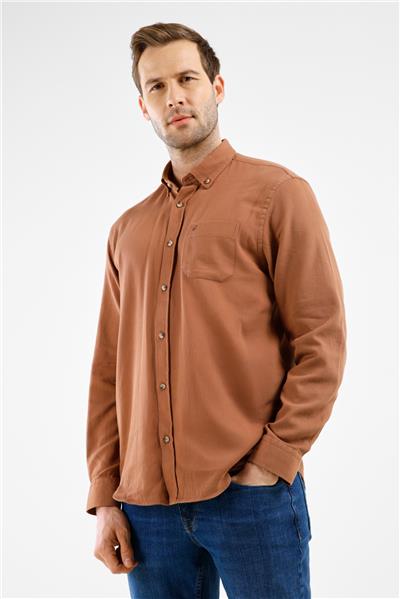 Bej Düğmeli Yaka Cepli Uzun Kol Slim Fit %100 Pamuk Gömlek 1004255213