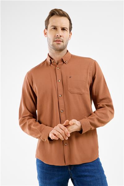 Bej Düğmeli Yaka Cepli Uzun Kol Slim Fit %100 Pamuk Gömlek 1004255213