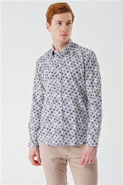 Açık Bej Uzun Kollu Baskılı Garnili Pamuklu Casual Slim Fit Dar Kesim Gömlek 1004240211