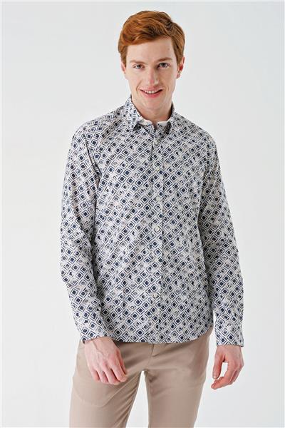 Açık Bej Uzun Kollu Baskılı Garnili Pamuklu Casual Slim Fit Dar Kesim Gömlek 1004240211