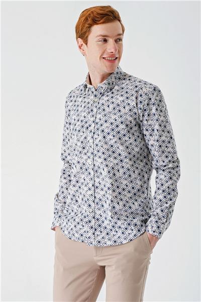 Açık Bej Uzun Kollu Baskılı Garnili Pamuklu Casual Slim Fit Dar Kesim Gömlek 1004240211