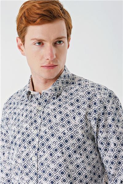 Açık Bej Uzun Kollu Baskılı Garnili Pamuklu Casual Slim Fit Dar Kesim Gömlek 1004240211