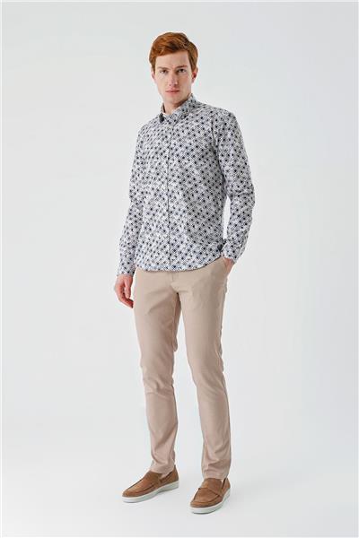 Açık Bej Uzun Kollu Baskılı Garnili Pamuklu Casual Slim Fit Dar Kesim Gömlek 1004240211
