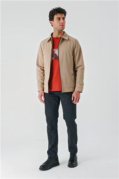 Açık Bej Bez Ayağı Polo Yaka Düz Tam Astar Slim Fit Casual Mont 1007240101