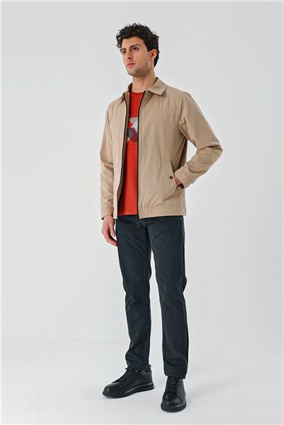 Açık Bej Bez Ayağı Polo Yaka Düz Tam Astar Slim Fit Casual Mont 1007240101