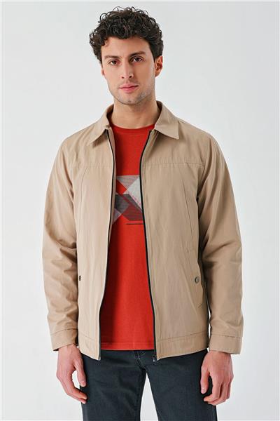 Açık Bej Bez Ayağı Polo Yaka Düz Tam Astar Slim Fit Casual Mont 1007240101