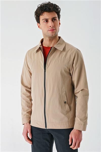 Açık Bej Bez Ayağı Polo Yaka Düz Tam Astar Slim Fit Casual Mont 1007240101