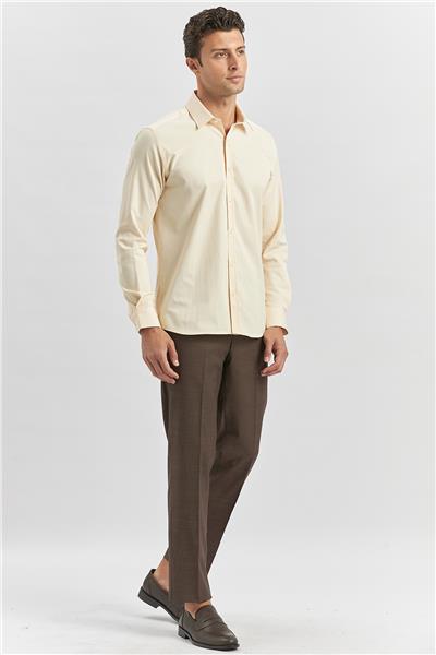 Açık Bej Uzun Kol Düz Bez Ayağı 032 Sert Yaka Classic Slim Fit Gömlek 1004240334