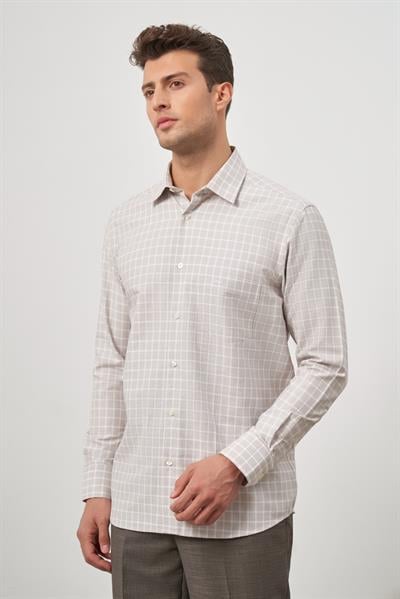 Bej Uzun Kol Kareli Desen Cepli Pamuklu Classic Comfort Fit Gömlek 1004245162