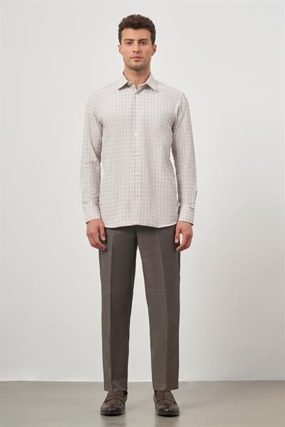Bej Uzun Kol Kareli Desen Cepli Pamuklu Classic Comfort Fit Gömlek 1004245162