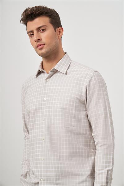 Bej Uzun Kol Kareli Desen Cepli Pamuklu Classic Comfort Fit Gömlek 1004245162
