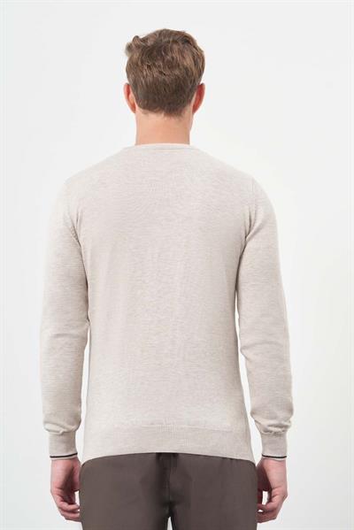 Açık Bej Uzun Kol Kendinden Desenli Örme Bisiklet Yaka Classic Slim Fit Triko 1012245200