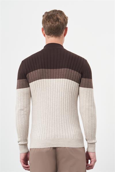 Açık Bej Uzun Kol Kendinden Desenli Örme Yarım Balıkçı Yaka Classic Slim Fit Triko 1012245154