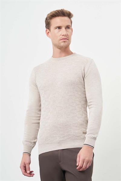 Açık Bej Uzun Kol Kendinden Desenli Örme Bisiklet Yaka Classic Slim Fit Triko 1012245200