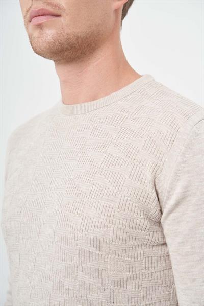 Açık Bej Uzun Kol Kendinden Desenli Örme Bisiklet Yaka Classic Slim Fit Triko 1012245200