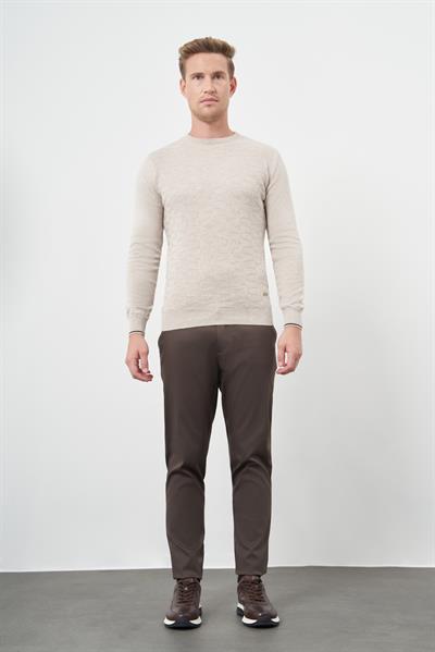 Açık Bej Uzun Kol Kendinden Desenli Örme Bisiklet Yaka Classic Slim Fit Triko 1012245200