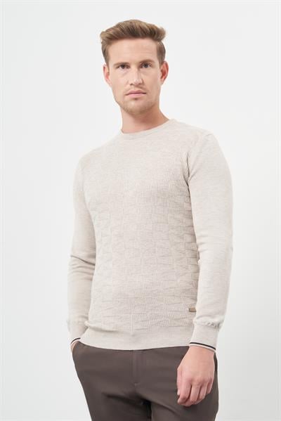 Açık Bej Uzun Kol Kendinden Desenli Örme Bisiklet Yaka Classic Slim Fit Triko 1012245200