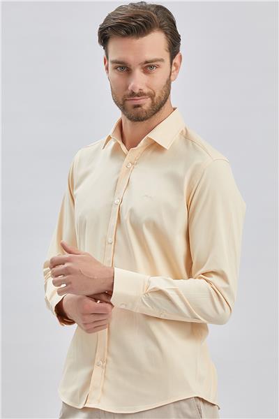 Açık Bej Uzun Kollu Sert Yaka Cepsiz Pamuklu Likralı Klasik Slim Fit Dar Kesim Gömlek 1004240234