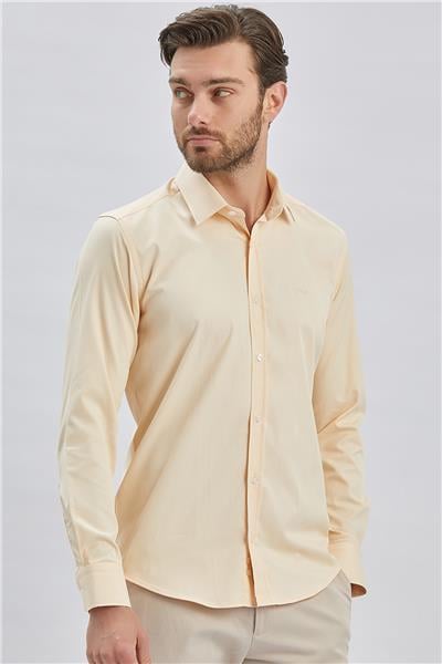 Açık Bej Uzun Kollu Sert Yaka Cepsiz Pamuklu Likralı Klasik Slim Fit Dar Kesim Gömlek 1004240234