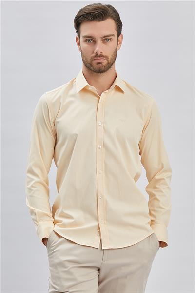 Açık Bej Uzun Kollu Sert Yaka Cepsiz Pamuklu Likralı Klasik Slim Fit Dar Kesim Gömlek 1004240234