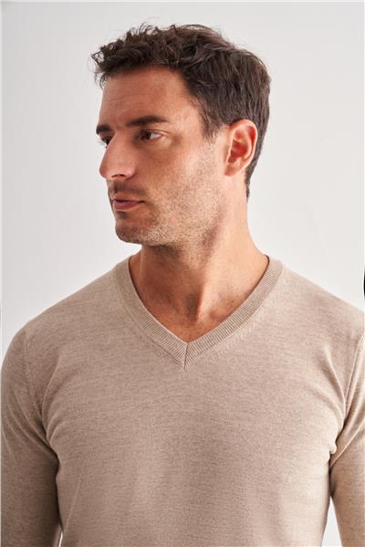 Bej V Yaka Uzun Kol Cepsiz Comfort Fit Classic Yünlü Triko Kazak 1012255002