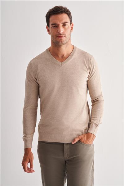 Bej V Yaka Uzun Kol Cepsiz Comfort Fit Classic Yünlü Triko Kazak 1012255002