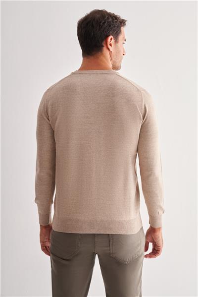 Bej V Yaka Uzun Kol Cepsiz Comfort Fit Classic Yünlü Triko Kazak 1012255002