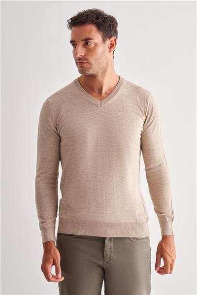 Bej V Yaka Uzun Kol Cepsiz Comfort Fit Classic Yünlü Triko Kazak 1012255002