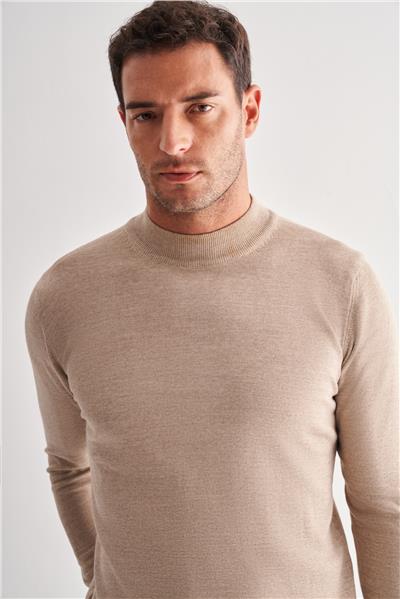 Bej Yarım Balıkçı Yaka Cepsiz Comfort Fit Classic Yünlü Triko Kazak 1012255001