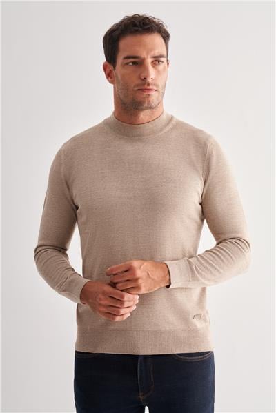 Bej Yarım Balıkçı Yaka Cepsiz Comfort Fit Classic Yünlü Triko Kazak 1012255001