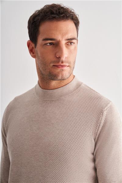 Açık Bej Yarım Balıkçı Yaka Uzun Kol Cepsiz Comfort Fit Classic Pamuklu Triko Kazak 1012255208