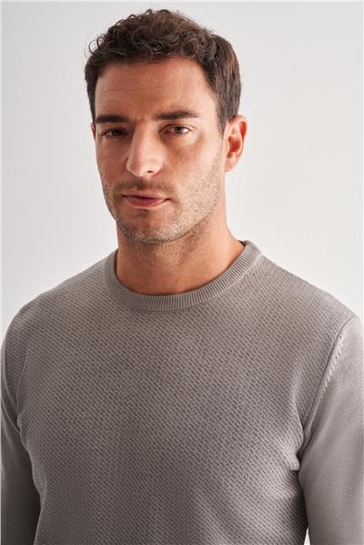 Açık Gri Bisiklet Yaka Uzun Kol Cepsiz Comfort Fit Pamuklu Triko Kazak 1012255220