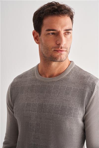 Açık Gri Bisiklet Yaka Uzun Kol Cepsiz Comfort Fit Pamuklu Triko Kazak 1012255217