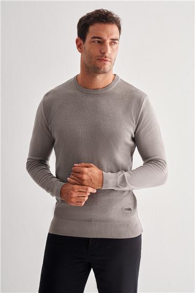 Açık Gri Bisiklet Yaka Uzun Kol Cepsiz Comfort Fit Pamuklu Triko Kazak 1012255220