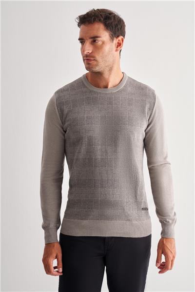 Açık Gri Bisiklet Yaka Uzun Kol Cepsiz Comfort Fit Pamuklu Triko Kazak 1012255217