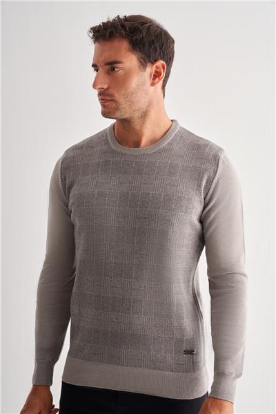 Açık Gri Bisiklet Yaka Uzun Kol Cepsiz Comfort Fit Pamuklu Triko Kazak 1012255217