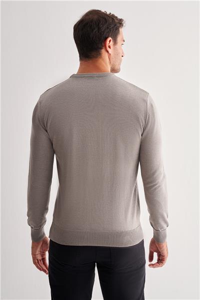 Açık Gri Bisiklet Yaka Uzun Kol Cepsiz Comfort Fit Pamuklu Triko Kazak 1012255220