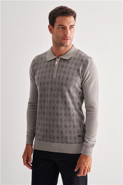 Açık Gri Fermuarlı Polo Yaka Uzun Kol Cepsiz Comfort Fit Pamuklu Triko Kazak 1012255223