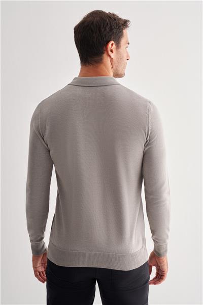 Açık Gri Fermuarlı Polo Yaka Uzun Kol Cepsiz Comfort Fit Pamuklu Triko Kazak 1012255223