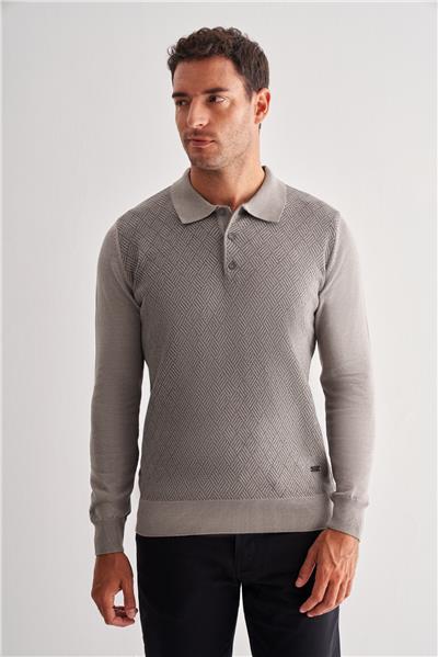 Açık Gri Polo Yaka Uzun Kol Cepsiz Comfort Fit Pamuklu Triko Kazak 1012255218