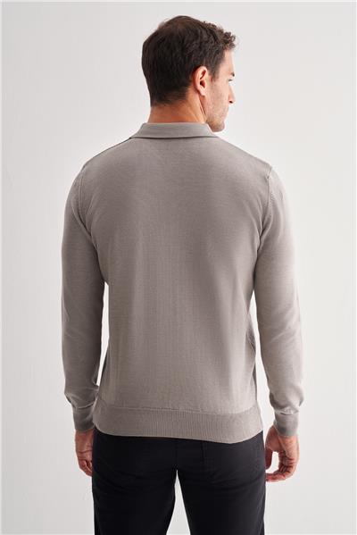 Açık Gri Polo Yaka Uzun Kol Cepsiz Comfort Fit Pamuklu Triko Kazak 1012255218